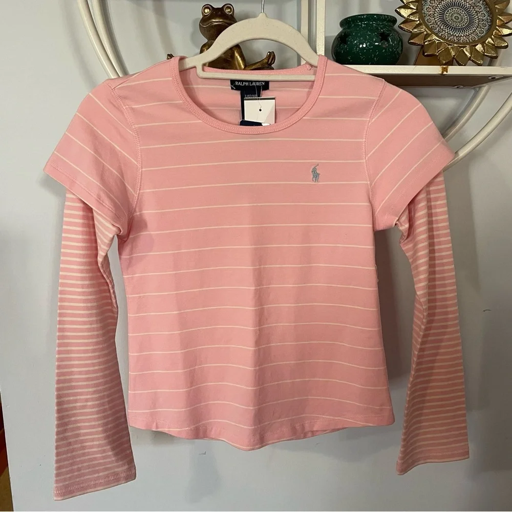 Ralph Lauren Large L 10-12 Pink Striped Long Sleeve Shirt NWT